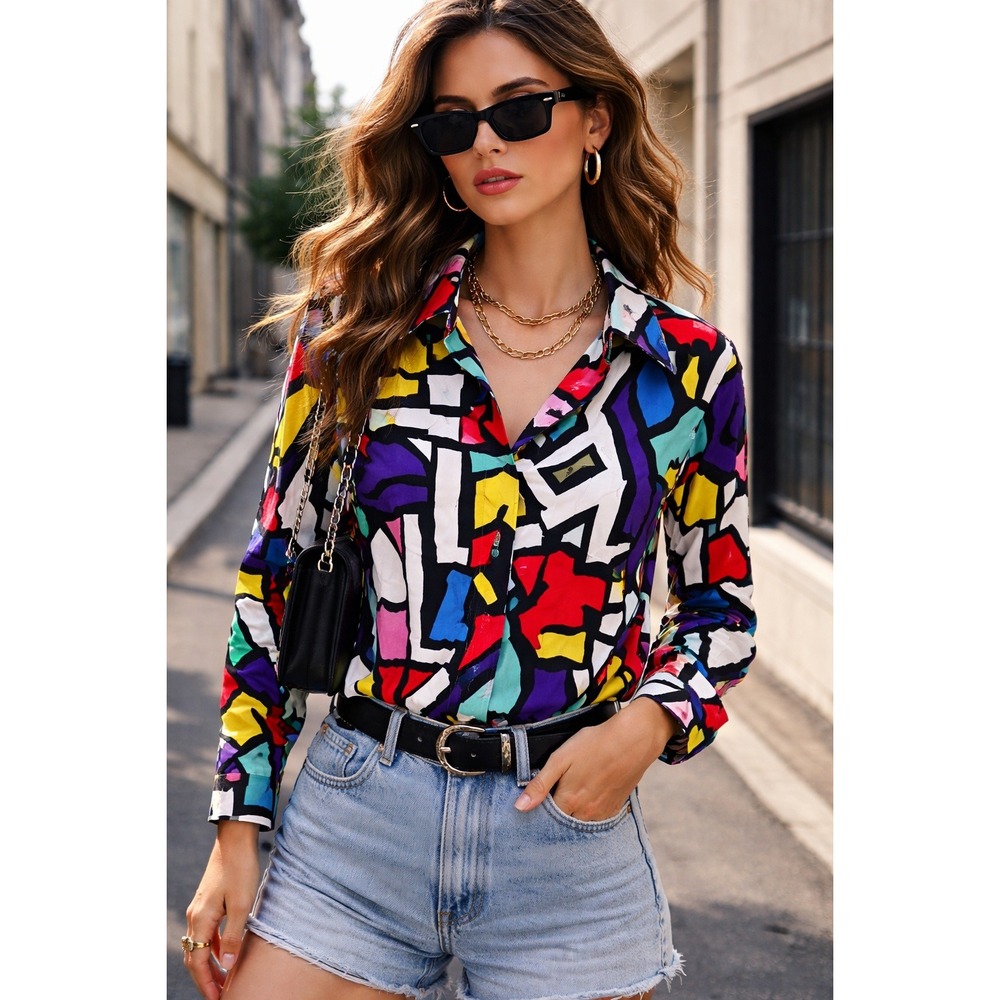 Big Dart Geometric Abstract Button Down Women Size 12 Multicolor Pop Art